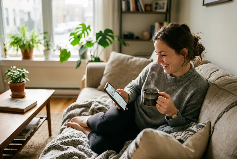 Smiling woman on a sofa holding coffee and scrolling news on her phone