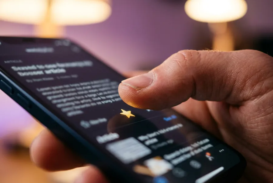 Close-up of a thumb about to tap a gold star on a phone showing an article