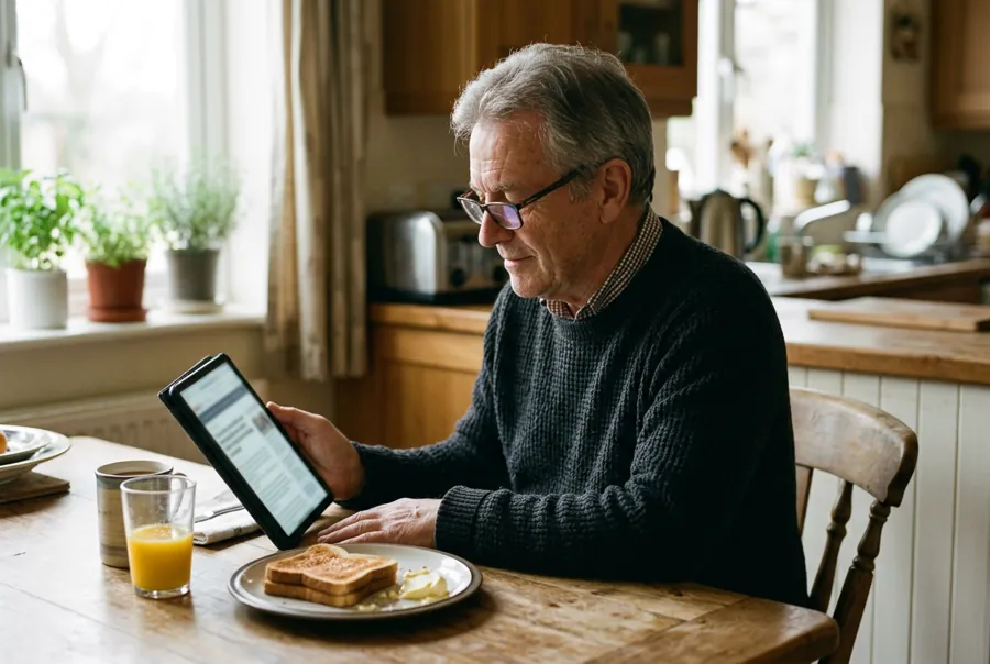 Older man with reading glasses reading news on a tablet over breakfast