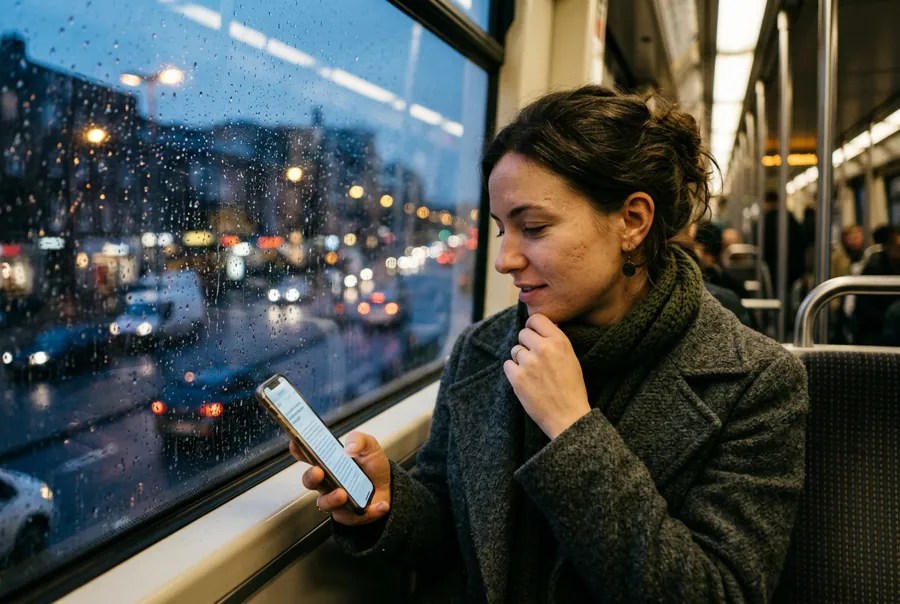 Woman reading articles on her phone on a rainy evening train