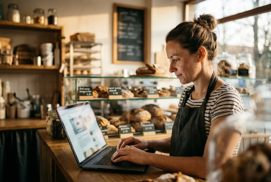Bakery owner in an apron typing a blog post on a laptop at her counter