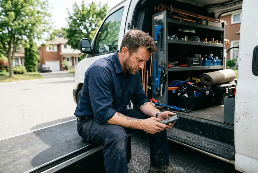 Plumber sitting in his open work van checking his phone