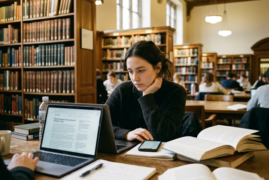 Student in a library with laptop and phone reading articles