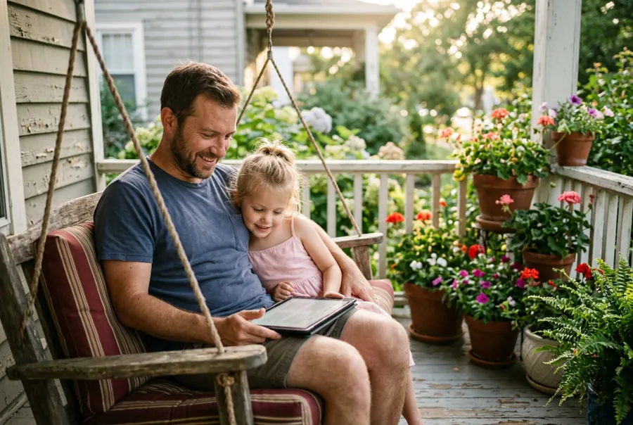 Father and daughter reading together on a tablet on a porch swing