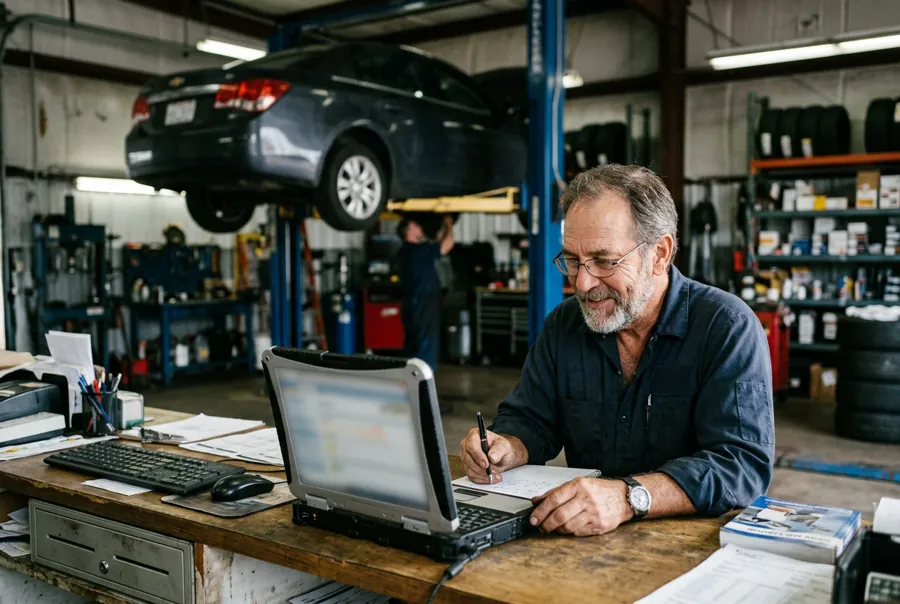 Auto repair shop owner updating his website at the front counter