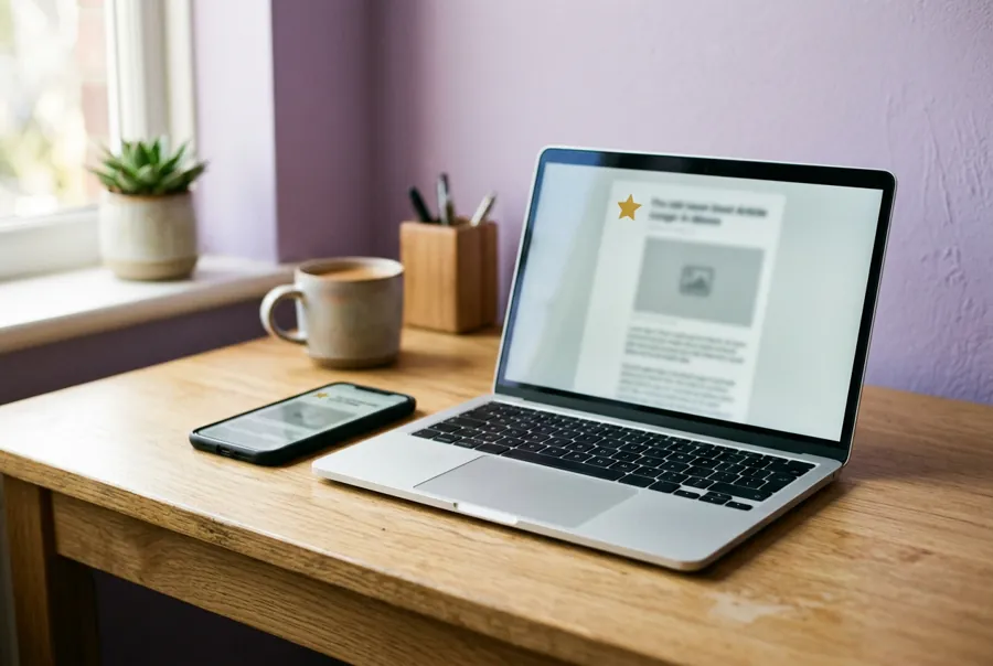 Laptop and phone on a desk showing the same article with a gold star