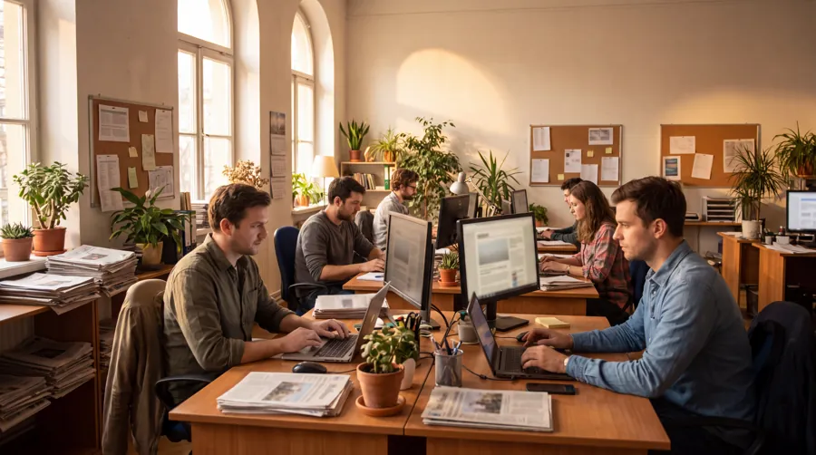 Reporters working at laptops in a small local newsroom lit by golden afternoon sun