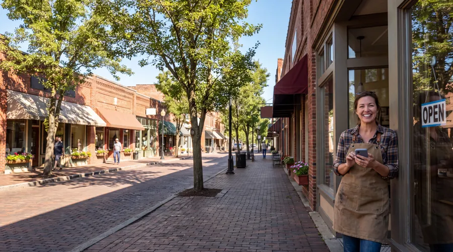 A cafe owner smiling at her phone in her doorway on a tree-lined small-town main street