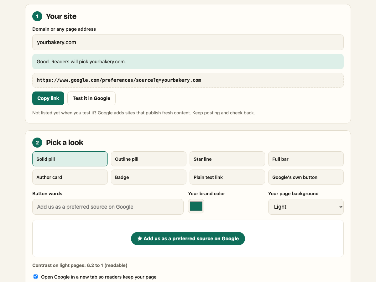 The PreferredUs maker showing a domain typed in, a solid pill button preview and WordPress install steps